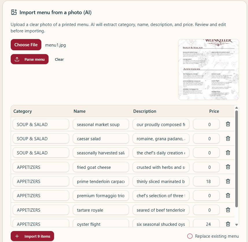 AI menu import screen with uploaded menu photo and parsed items table